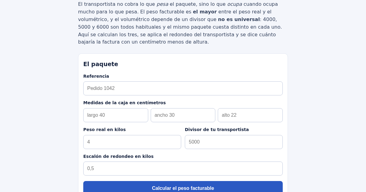 Peso Volumétrico y Peso Facturable según el Divisor del Transportista